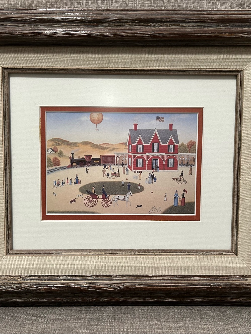 Signed, Framed Home Art Print - Red Country Station “Friendly Town” Folk Art